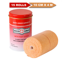 Load image into Gallery viewer, Medigrip Elastic Adhesive Bandage 10 cm X 4 / 6 m (Pack of 15 Rolls) Crepe Bandage