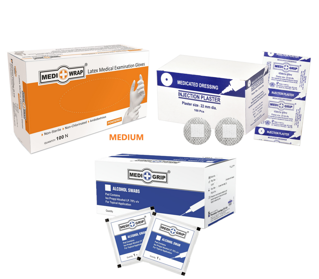 Medigrip - Mediwrap Diagnostic Combo Pack - Gloves, Alcohol Swabs, Injection Plaster