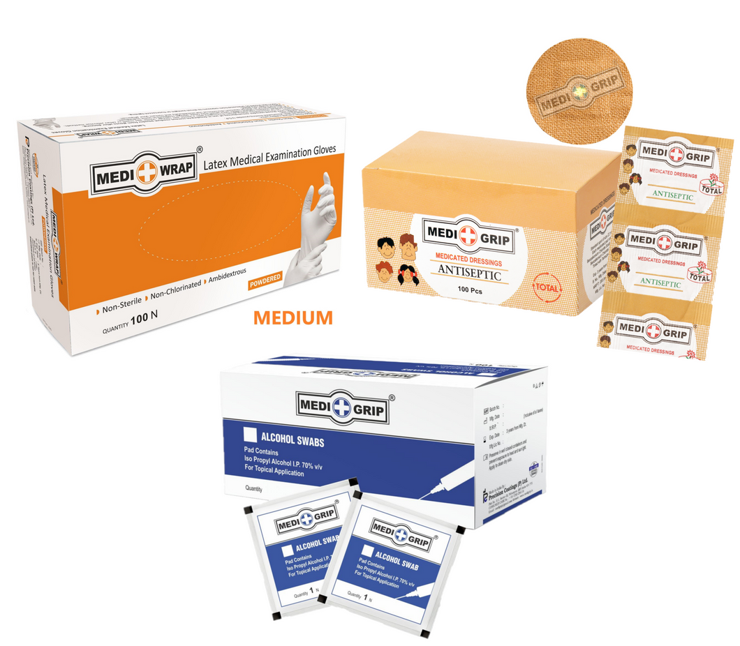 Medigrip - Mediwrap Diagnostic Combo Pack - Gloves, Alcohol Swabs, Spot Round Plaster